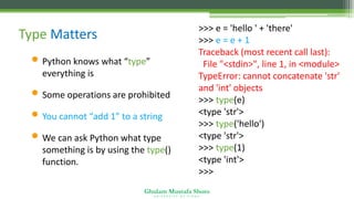 Ghulam Mustafa Shoro
U N I V E R S I T Y O F S I N D H
Type Matters
• Python knows what “type”
everything is
• Some operations are prohibited
• You cannot “add 1” to a string
• We can ask Python what type
something is by using the type()
function.
>>> e = 'hello ' + 'there'
>>> e = e + 1
Traceback (most recent call last):
File "<stdin>", line 1, in <module>
TypeError: cannot concatenate 'str'
and 'int' objects
>>> type(e)
<type 'str'>
>>> type('hello')
<type 'str'>
>>> type(1)
<type 'int'>
>>>
 