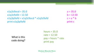 Ghulam Mustafa Shoro
U N I V E R S I T Y O F S I N D H
x1q3z9ocd = 35.0
x1q3z9afd = 12.50
x1q3p9afd = x1q3z9ocd * x1q3z9afd
print x1q3p9afd
hours = 35.0
rate = 12.50
pay = hours * rate
print pay
a = 35.0
b = 12.50
c = a * b
print c
What is this
code doing?
 