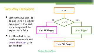 Ghulam Mustafa Shoro
U N I V E R S I T Y O F S I N D H
Two Way Decisions
• Sometimes we want to
do one thing if a logical
expression is true and
something else if the
expression is false
• It is like a fork in the
road - we must choose
one or the other path
but not both
x > 2
print 'Bigger'
yes
no
X = 4
print 'Not bigger'
print 'All Done'
 