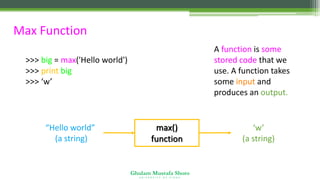 Ghulam Mustafa Shoro
U N I V E R S I T Y O F S I N D H
Max Function
>>> big = max('Hello world')
>>> print big
>>> ‘w’
A function is some
stored code that we
use. A function takes
some input and
produces an output.
max()
function
“Hello world”
(a string)
‘w’
(a string)
 