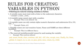  Following are rules for creating variables in Python
1. A variable name must start with a letter or the underscore character.
 example: a, name, _name_
2. A variable name cannot start with a number.
 Example: This is not allowed: 12a
3. A variable name can only contain alpha-numeric characters and underscores (A-z, 0-9,
and _ ).
 Example: Name, a12
4. Variable names are case-sensitive (name, Name and NAME are three different
variables).
 Example: This A is different than a
5. The reserved words(keywords) cannot be used naming the variable.
 Example: This word not allowed
and, assert, break, class, continue, def, del, elif, else, except, exec, finally, for, from,
global, if, import, in, is, not, or, pass, print, raise, return, try, while
Department of Computer Engineering, Sanjivani College of Engineering, Kopargaon 26
 