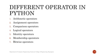 1. Arithmetic operators
2. Assignment operators
3. Comparison operators
4. Logical operators
5. Identity operators
6. Membership operators
7. Bitwise operators
Department of Computer Engineering, Sanjivani College of Engineering, Kopargaon 37
 