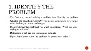  The first step toward solving a problem is to identify the problem
 What is the specific problem? (This means you should determine
what is that you want to change)
 Clearly define the goal that you want to achieve. (What are you
trying to achieve?)
 Determine what are the inputs and outputs
 If you don’t know what the problem is, you cannot solve it.
Department of Computer Engineering, Sanjivani College of Engineering, Kopargaon 5
 