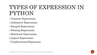 1.Constant Expressions
2.Arithmetic Expressions
3.Integral Expressions
4.Floating Expressions
5.Relational Expressions
6.Logical Expressions
7.Combinational Expression
Department of Computer Engineering, Sanjivani College of Engineering, Kopargaon 65
 