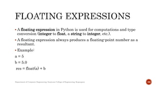  A floating expression in Python is used for computations and type
conversion (integer to float, a string to integer, etc.).
 A floating expression always produces a floating-point number as a
resultant.
 Example:
a = 5
b = 5.0
res = float(a) + b
Department of Computer Engineering, Sanjivani College of Engineering, Kopargaon 69
 