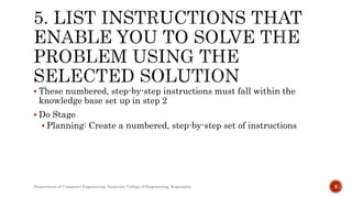  These numbered, step-by-step instructions must fall within the
knowledge base set up in step 2
 Do Stage
 Planning: Create a numbered, step-by-step set of instructions
Department of Computer Engineering, Sanjivani College of Engineering, Kopargaon 9
 