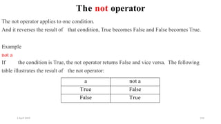 2 April 2022 153
The not operator
The not operator applies to one condition.
And it reverses the result of that condition, True becomes False and False becomes True.
Example
not a
If the condition is True, the not operator returns False and vice versa. The following
table illustrates the result of the not operator:
a not a
True False
False True
 