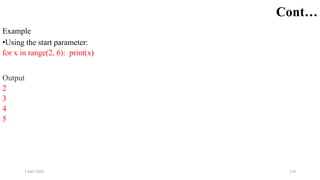2 April 2022 174
Cont…
Example
•Using the start parameter:
for x in range(2, 6): print(x)
Output
2
3
4
5
 