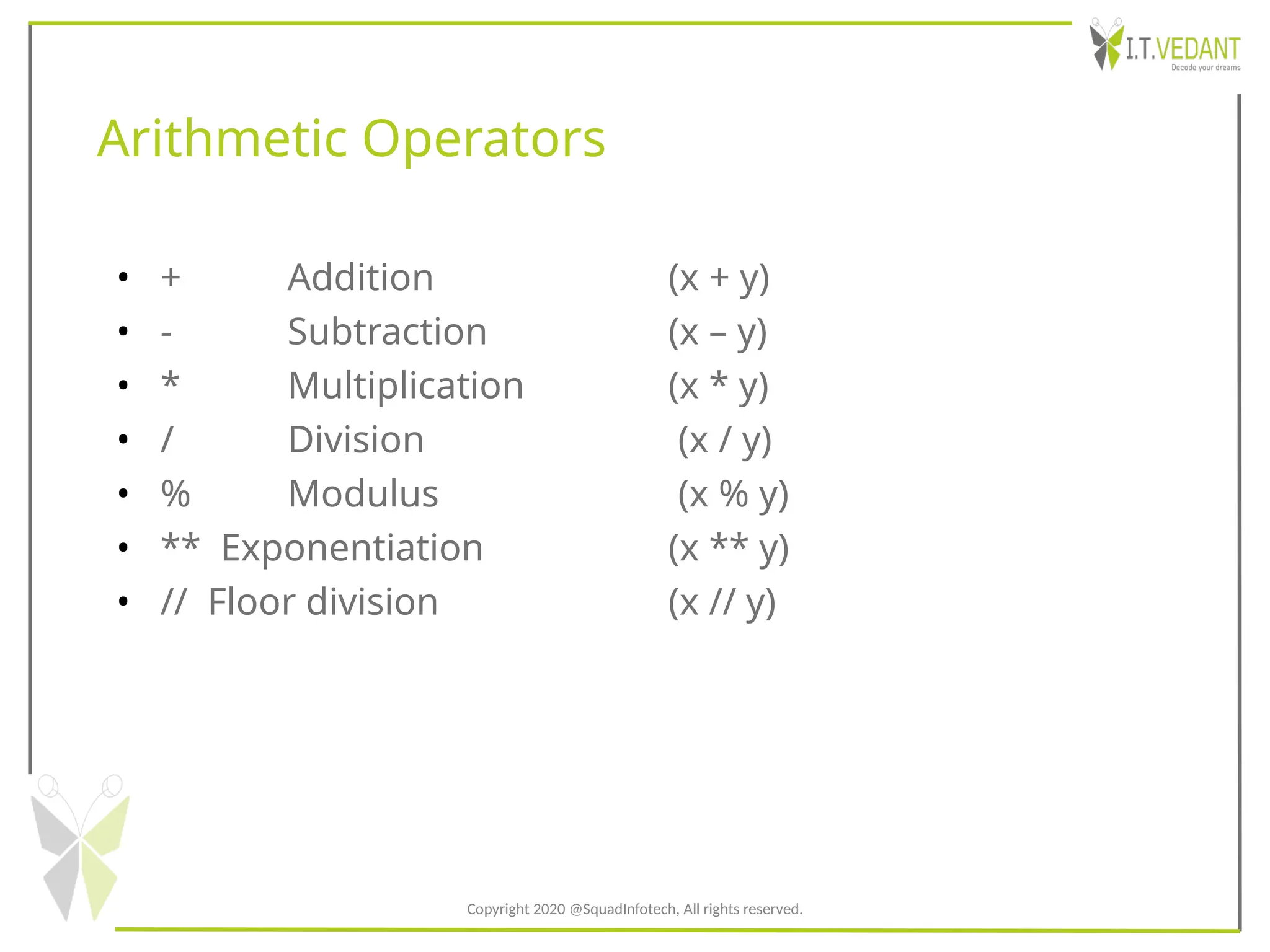 Arithmetic Operators
• + Addition (x + y)
• - Subtraction (x – y)
• * Multiplication (x * y)
• / Division (x / y)
• % Modulus (x % y)
• ** Exponentiation (x ** y)
• // Floor division (x // y)
Copyright 2020 @SquadInfotech, All rights reserved.
 