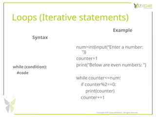 Loops (Iterative statements)
while (condition):
#code
num=int(input(“Enter a number:
"))
counter=1
print(“Below are even numbers: ”)
while counter<=num:
if counter%2==0:
print(counter)
counter+=1
Syntax
Example
Copyright 2020 @SquadInfotech, All rights reserved.
 