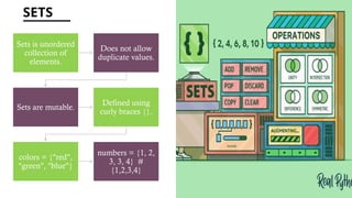 SETS
Sets is unordered
collection of
elements.
Does not allow
duplicate values.
Sets are mutable.
Defined using
curly braces {}.
colors = {"red",
"green", "blue"}
numbers = {1, 2,
3, 3, 4} #
{1,2,3,4}
 