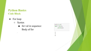 Python Basics
Code Block
● For loop
○ Syntax
■ for val in sequence:
Body of for
.
 