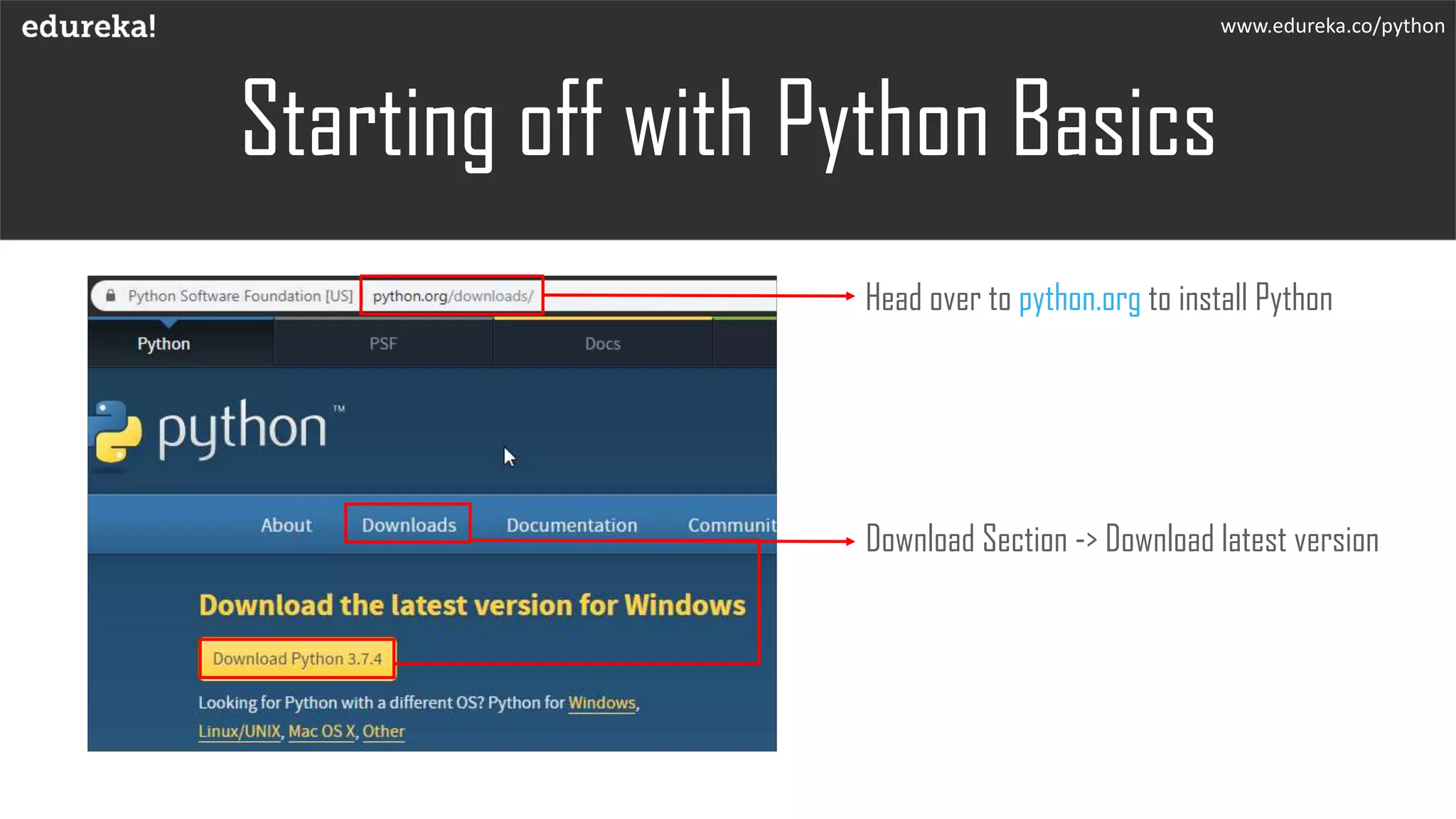 Starting off with Python Basics
Head over to python.org to install Python
Download Section -> Download latest version
www.edureka.co/python
 