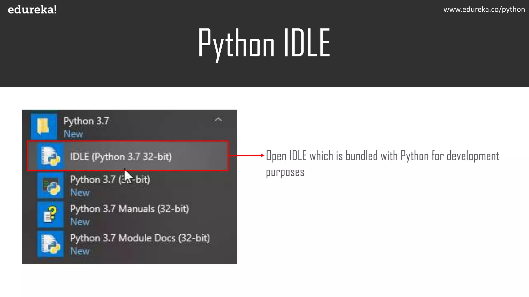 Python IDLE
Open IDLE which is bundled with Python for development
purposes
www.edureka.co/python
 