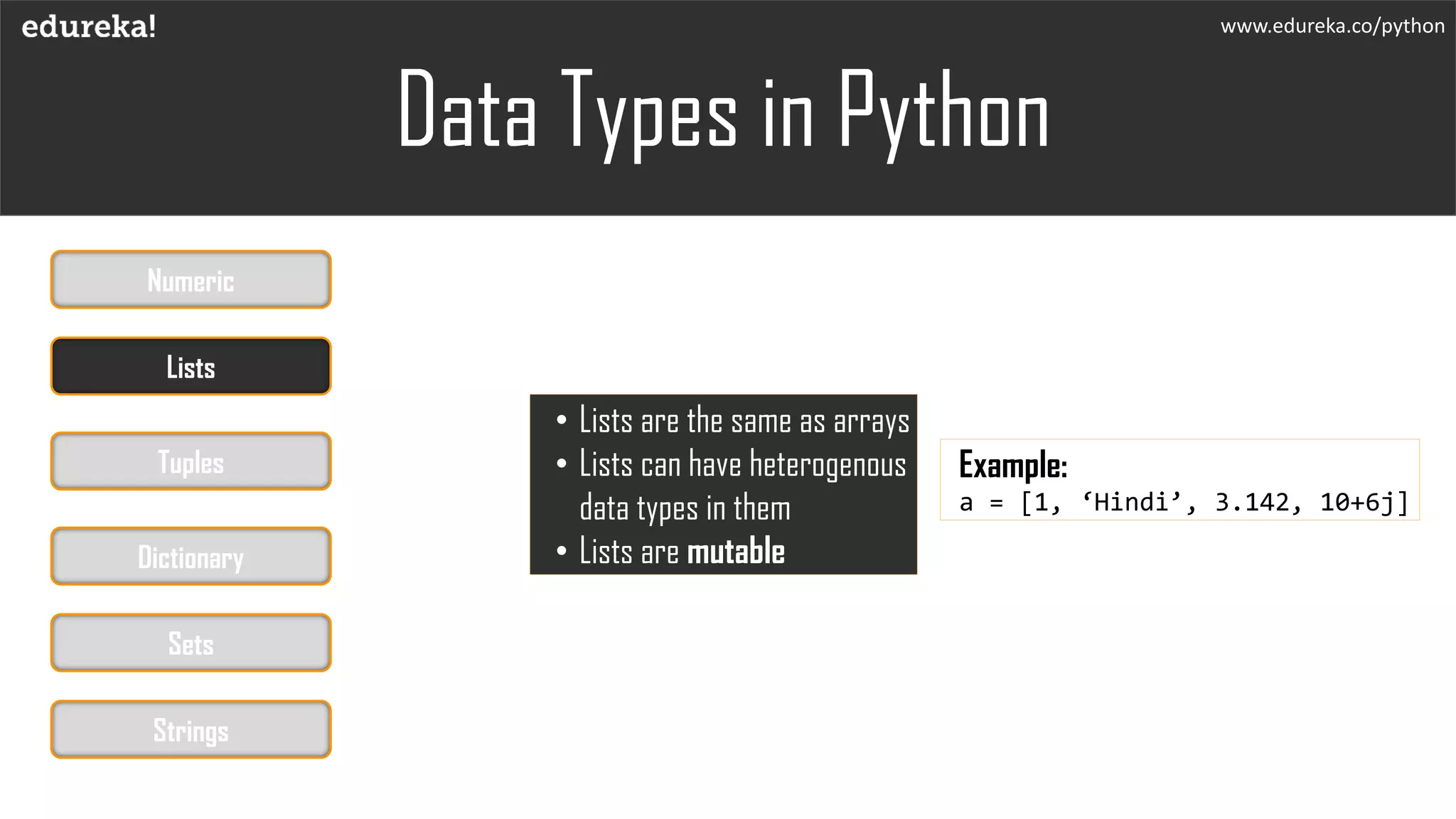 www.edureka.co/python
• Lists are the same as arrays
• Lists can have heterogenous
data types in them
• Lists are mutable
Data Types in Python
Example:
a = [1, ‘Hindi’, 3.142, 10+6j]
Numeric
Lists
Tuples
Dictionary
Sets
Strings
 