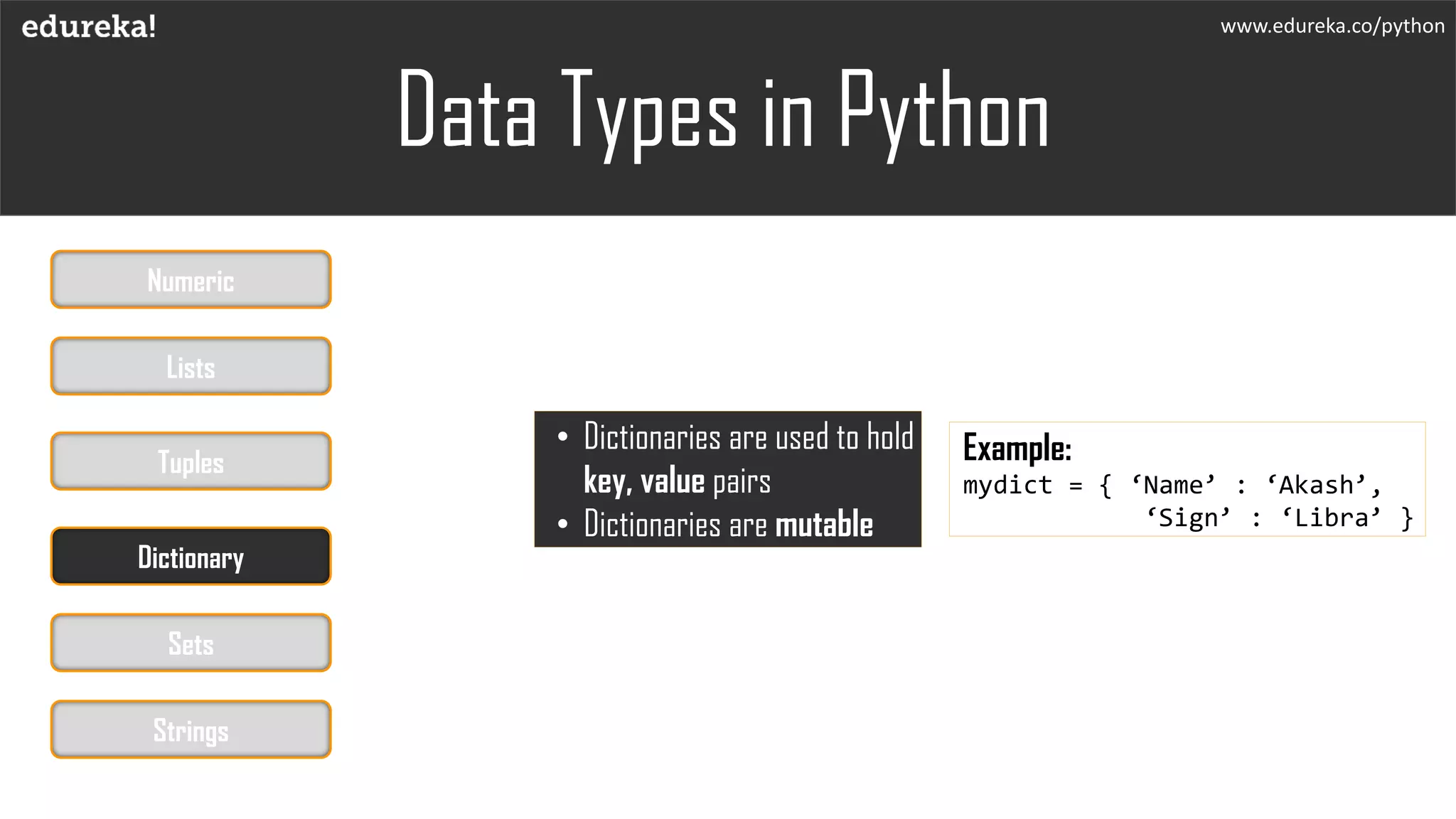 www.edureka.co/python
• Dictionaries are used to hold
key, value pairs
• Dictionaries are mutable
Data Types in Python
Example:
mydict = { ‘Name’ : ‘Akash’,
‘Sign’ : ‘Libra’ }
Numeric
Lists
Tuples
Dictionary
Sets
Strings
 