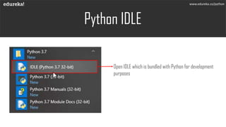 Python IDLE
Open IDLE which is bundled with Python for development
purposes
www.edureka.co/python
 