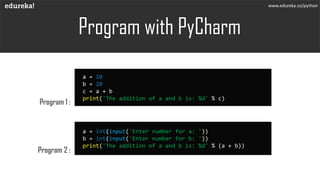Program with PyCharm
www.edureka.co/python
Program 1 :
Program 2 :
a = 10
b = 20
c = a + b
print('The addition of a and b is: %d' % c)
a = int(input('Enter number for a: '))
b = int(input('Enter number for b: '))
print('The addition of a and b is: %d' % (a + b))
 