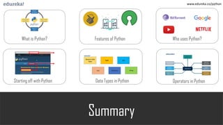 What is Python? Features of Python Who uses Python?
Starting off with Python Data Types in Python Operators in Python
Summary
www.edureka.co/python
 