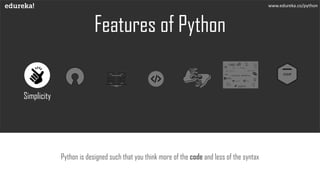 Features of Python
Python is designed such that you think more of the code and less of the syntax
www.edureka.co/python
Simplicity
 
