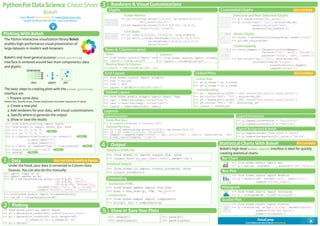 PythonForDataScience Cheat Sheet
Bokeh
Learn Bokeh Interactively at www.DataCamp.com,
taught by Bryan Van de Ven, core contributor
Plotting With Bokeh
DataCamp
Learn Python for Data Science Interactively
>>> from bokeh.plotting import figure
>>> p1 = figure(plot_width=300, tools='pan,box_zoom')
>>> p2 = figure(plot_width=300, plot_height=300,
x_range=(0, 8), y_range=(0, 8))
>>> p3 = figure()
>>> from bokeh.io import output_notebook, show
>>> output_notebook()
Plotting
Standalone HTML
>>> from bokeh.embed import file_html
>>> html = file_html(p, CDN, "my_plot")
Components
>>> from bokeh.embed import components
>>> script, div = components(p)
Rows & Columns Layout
Rows
>>> from bokeh.layouts import row
>>> layout = row(p1,p2,p3)
Grid Layout
>>> from bokeh.layouts import gridplot
>>> row1 = [p1,p2]
>>> row2 = [p3]
>>> layout = gridplot([[p1,p2],[p3]])
Tabbed Layout
>>> from bokeh.models.widgets import Panel, Tabs
>>> tab1 = Panel(child=p1, title="tab1")
>>> tab2 = Panel(child=p2, title="tab2")
>>> layout = Tabs(tabs=[tab1, tab2])
Selection and Non-Selection Glyphs
>>> p = figure(tools='box_select')
>>> p.circle('mpg', 'cyl', source=cds_df,
selection_color='red',
nonselection_alpha=0.1)
Hover Glyphs
>>> hover = HoverTool(tooltips=None, mode='vline')
>>> p3.add_tools(hover)
Colormapping
>>> color_mapper = CategoricalColorMapper(
factors=['US', 'Asia', 'Europe'],
palette=['blue', 'red', 'green'])
>>> p3.circle('mpg', 'cyl', source=cds_df,
color=dict(field='origin',
transform=color_mapper),
legend='Origin'))
Linked Plots
>>> from bokeh.io import output_file, show
>>> output_file('my_bar_chart.html', mode='cdn')
>>> from bokeh.models import ColumnDataSource
>>> cds_df = ColumnDataSource(df)
Data Also see Lists, NumPy & Pandas
Under the hood, your data is converted to Column Data
Sources. You can also do this manually:
Customized Glyphs
Inside Plot Area
>>> p.legend.location = 'bottom_left'
Outside Plot Area
>>> r1 = p2.asterisk(np.array([1,2,3]), np.array([3,2,1])
>>> r2 = p2.line([1,2,3,4], [3,4,5,6])
>>> legend = Legend(items=[("One" , [p1, r1]),("Two" , [r2])], location=(0, -30))
>>> p.add_layout(legend, 'right')
The Python interactive visualization library Bokeh
enables high-performance visual presentation of
large datasets in modern web browsers.
Bokeh’s mid-level general purpose bokeh.plotting
interface is centered around two main components: data
and glyphs.
The basic steps to creating plots with the bokeh.plotting
interface are:
1. Prepare some data:
Python lists, NumPy arrays, Pandas DataFrames and other sequences of values
2. Create a new plot
3. Add renderers for your data, with visual customizations
4. Specify where to generate the output
5. Show or save the results
+ =
data glyphs plot
>>> from bokeh.plotting import figure
>>> from bokeh.io import output_file, show
>>> x = [1, 2, 3, 4, 5]
>>> y = [6, 7, 2, 4, 5]
>>> p = figure(title="simple line example",
x_axis_label='x',
y_axis_label='y')
>>> p.line(x, y, legend="Temp.", line_width=2)
>>> output_file("lines.html")
>>> show(p)
Step 4
Step 2
Step 1
Step 5
Step 3
Renderers & Visual Customizations
>>> p.legend.orientation = "horizontal"
>>> p.legend.orientation = "vertical"
>>> from bokeh.charts import Bar
>>> p = Bar(df, stacked=True, palette=['red','blue'])
Bar Chart
Box Plot
Histogram
Scatter Plot
>>> from bokeh.charts import BoxPlot
>>> p = BoxPlot(df, values='vals', label='cyl',
legend='bottom_right')
>>> from bokeh.charts import Histogram
>>> p = Histogram(df, title='Histogram')
>>> from bokeh.charts import Scatter
>>> p = Scatter(df, x='mpg', y ='hp', marker='square',
xlabel='Miles Per Gallon',
ylabel='Horsepower')
>>> show(p1) >>> save(p1)
>>> show(layout) >>> save(layout)
Label 1
Label 2
Label 3
Histogram
x-axis
y-axis
2
Scatter Markers
>>> p1.circle(np.array([1,2,3]), np.array([3,2,1]),
fill_color='white')
>>> p2.square(np.array([1.5,3.5,5.5]), [1,4,3],
color='blue', size=1)
Line Glyphs
>>> p1.line([1,2,3,4], [3,4,5,6], line_width=2)
>>> p2.multi_line(pd.DataFrame([[1,2,3],[5,6,7]]),
pd.DataFrame([[3,4,5],[3,2,1]]),
color="blue")
3
Glyphs
Output4
Output to HTML File
Notebook Output
Show or Save Your Plots5
1
Legends
Columns
>>> from bokeh.layouts import columns
>>> layout = column(p1,p2,p3)
Linked Axes
>>> p2.x_range = p1.x_range
>>> p2.y_range = p1.y_range
Linked Brushing
>>> p4 = figure(plot_width = 100, tools='box_select,lasso_select')
>>> p4.circle('mpg', 'cyl', source=cds_df)
>>> p5 = figure(plot_width = 200, tools='box_select,lasso_select')
>>> p5.circle('mpg', 'hp', source=cds_df)
>>> layout = row(p4,p5)
Nesting Rows & Columns
>>>layout = row(column(p1,p2), p3)
Legend Location Legend Orientation
Legend Background & Border
>>> p.legend.border_line_color = "navy"
>>> p.legend.background_fill_color = "white"
>>> import numpy as np
>>> import pandas as pd
>>> df = pd.DataFrame(np.array([[33.9,4,65, 'US'],
[32.4,4,66, 'Asia'],
[21.4,4,109, 'Europe']]),
columns=['mpg','cyl', 'hp', 'origin'],
index=['Toyota', 'Fiat', 'Volvo'])
Also see Data
Also see Data
Embedding
Statistical Charts With Bokeh
Bokeh’s high-level bokeh.charts interface is ideal for quickly
creating statistical charts
Also see Data
US
Asia
Europe
 