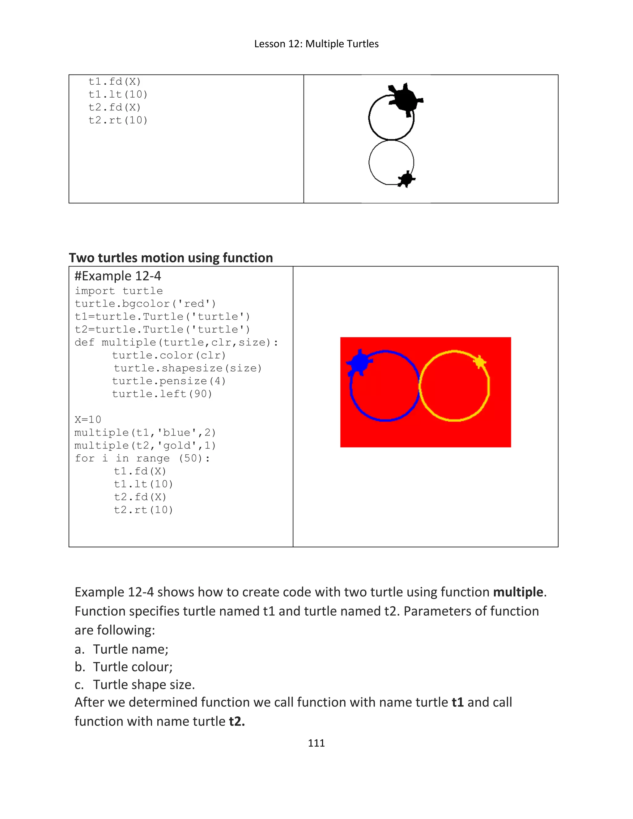 Lesson 12: Multiple Turtles
111
t1.fd(X)
t1.lt(10)
t2.fd(X)
t2.rt(10)
Two turtles motion using function
#Example 12-4
import turtle
turtle.bgcolor('red')
t1=turtle.Turtle('turtle')
t2=turtle.Turtle('turtle')
def multiple(turtle,clr,size):
turtle.color(clr)
turtle.shapesize(size)
turtle.pensize(4)
turtle.left(90)
X=10
multiple(t1,'blue',2)
multiple(t2,'gold',1)
for i in range (50):
t1.fd(X)
t1.lt(10)
t2.fd(X)
t2.rt(10)
Example 12-4 shows how to create code with two turtle using function multiple.
Function specifies turtle named t1 and turtle named t2. Parameters of function
are following:
a. Turtle name;
b. Turtle colour;
c. Turtle shape size.
After we determined function we call function with name turtle t1 and call
function with name turtle t2.
 