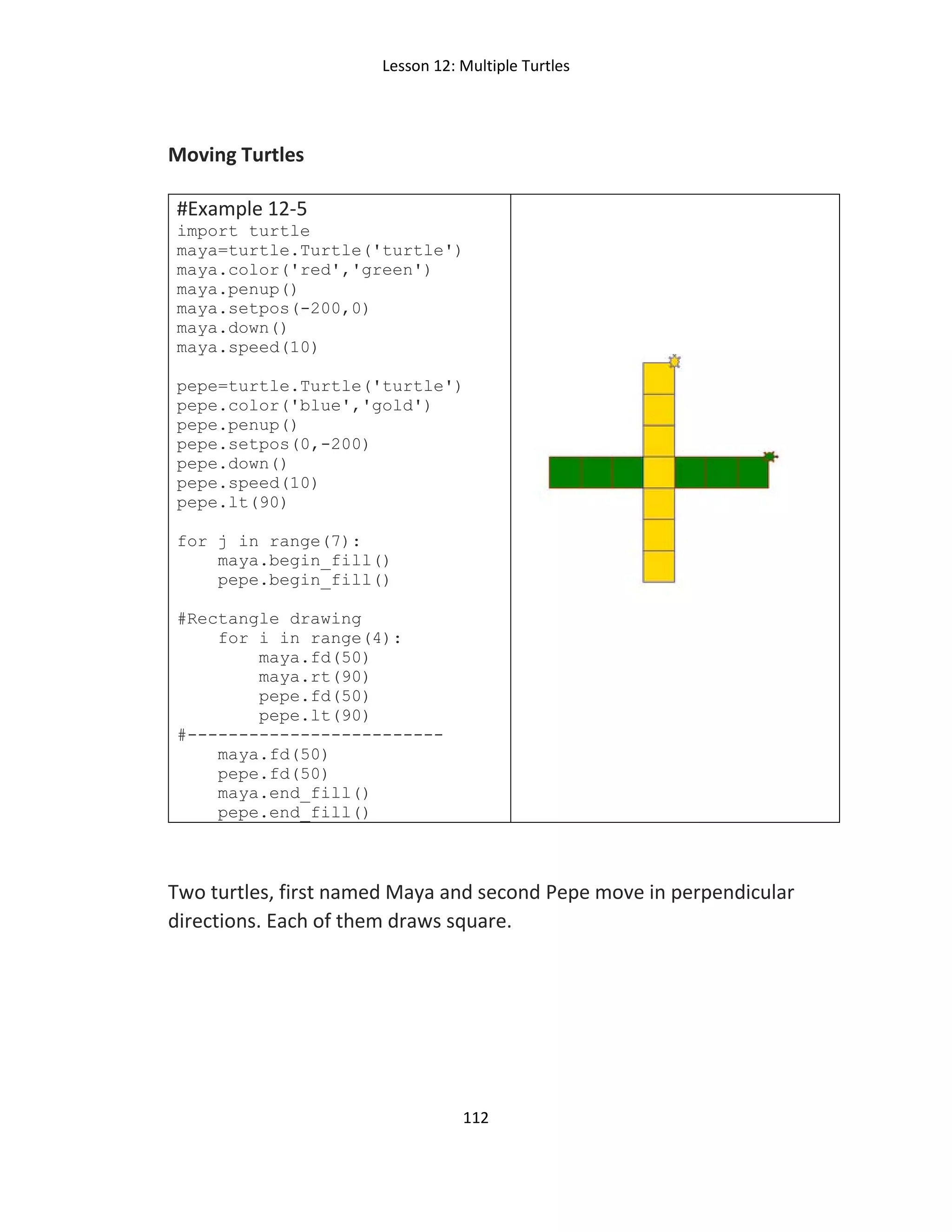 Lesson 12: Multiple Turtles
112
Moving Turtles
#Example 12-5
import turtle
maya=turtle.Turtle('turtle')
maya.color('red','green')
maya.penup()
maya.setpos(-200,0)
maya.down()
maya.speed(10)
pepe=turtle.Turtle('turtle')
pepe.color('blue','gold')
pepe.penup()
pepe.setpos(0,-200)
pepe.down()
pepe.speed(10)
pepe.lt(90)
for j in range(7):
maya.begin_fill()
pepe.begin_fill()
#Rectangle drawing
for i in range(4):
maya.fd(50)
maya.rt(90)
pepe.fd(50)
pepe.lt(90)
#-------------------------
maya.fd(50)
pepe.fd(50)
maya.end_fill()
pepe.end_fill()
Two turtles, first named Maya and second Pepe move in perpendicular
directions. Each of them draws square.
 