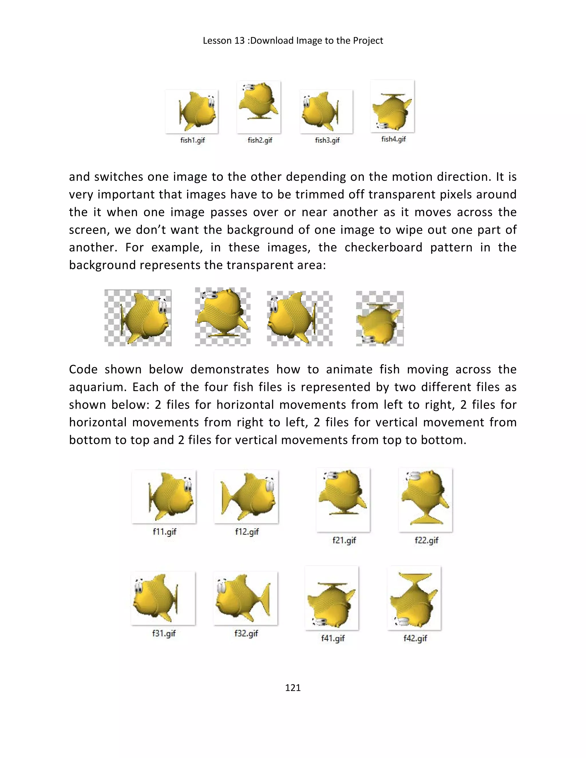 Lesson 13 :Download Image to the Project
121
and switches one image to the other depending on the motion direction. It is
very important that images have to be trimmed off transparent pixels around
the it when one image passes over or near another as it moves across the
screen, we don’t want the background of one image to wipe out one part of
another. For example, in these images, the checkerboard pattern in the
background represents the transparent area:
Code shown below demonstrates how to animate fish moving across the
aquarium. Each of the four fish files is represented by two different files as
shown below: 2 files for horizontal movements from left to right, 2 files for
horizontal movements from right to left, 2 files for vertical movement from
bottom to top and 2 files for vertical movements from top to bottom.
 