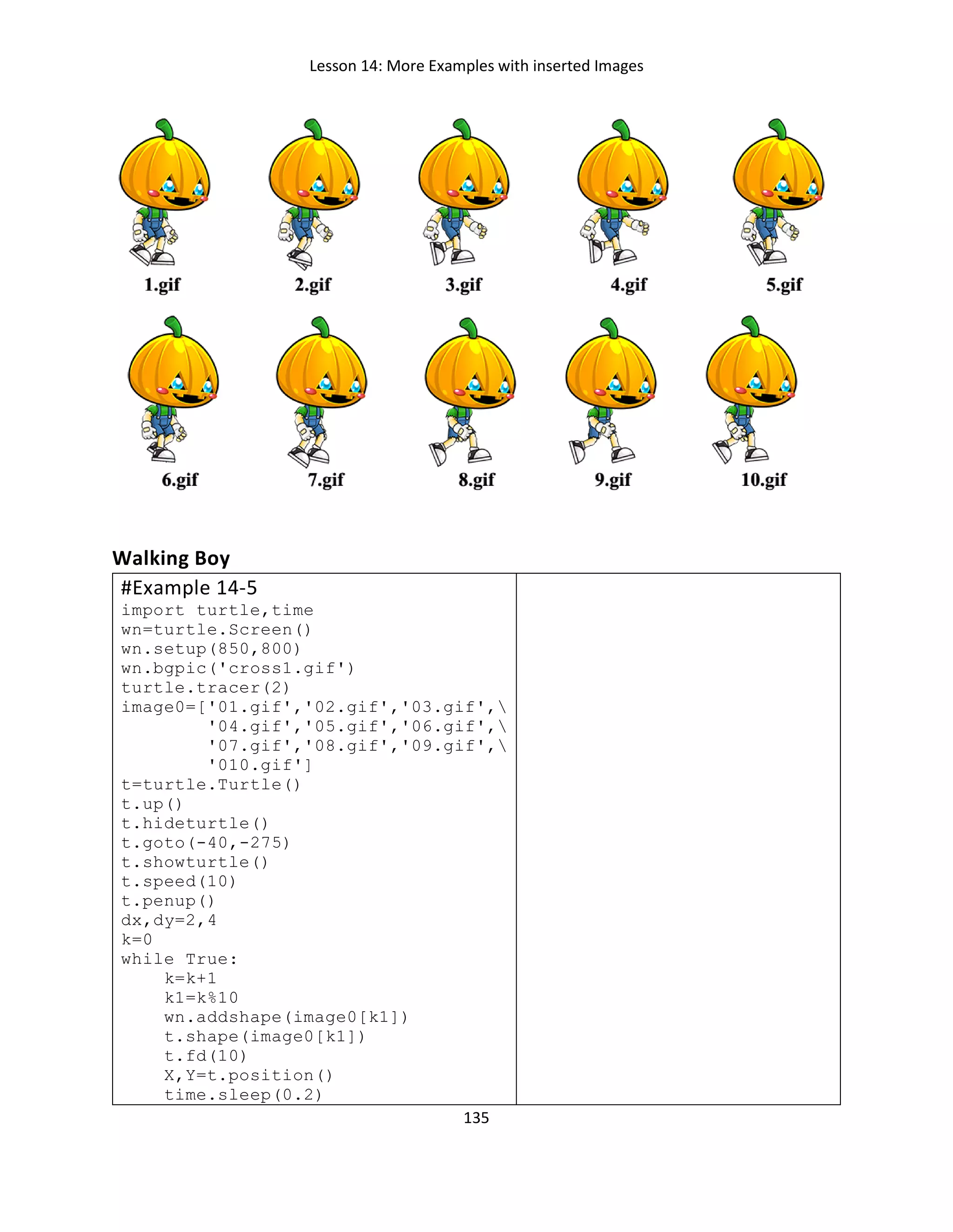 Lesson 14: More Examples with inserted Images
135
Walking Boy
#Example 14-5
import turtle,time
wn=turtle.Screen()
wn.setup(850,800)
wn.bgpic('cross1.gif')
turtle.tracer(2)
image0=['01.gif','02.gif','03.gif',
'04.gif','05.gif','06.gif',
'07.gif','08.gif','09.gif',
'010.gif']
t=turtle.Turtle()
t.up()
t.hideturtle()
t.goto(-40,-275)
t.showturtle()
t.speed(10)
t.penup()
dx,dy=2,4
k=0
while True:
k=k+1
k1=k%10
wn.addshape(image0[k1])
t.shape(image0[k1])
t.fd(10)
X,Y=t.position()
time.sleep(0.2)
 