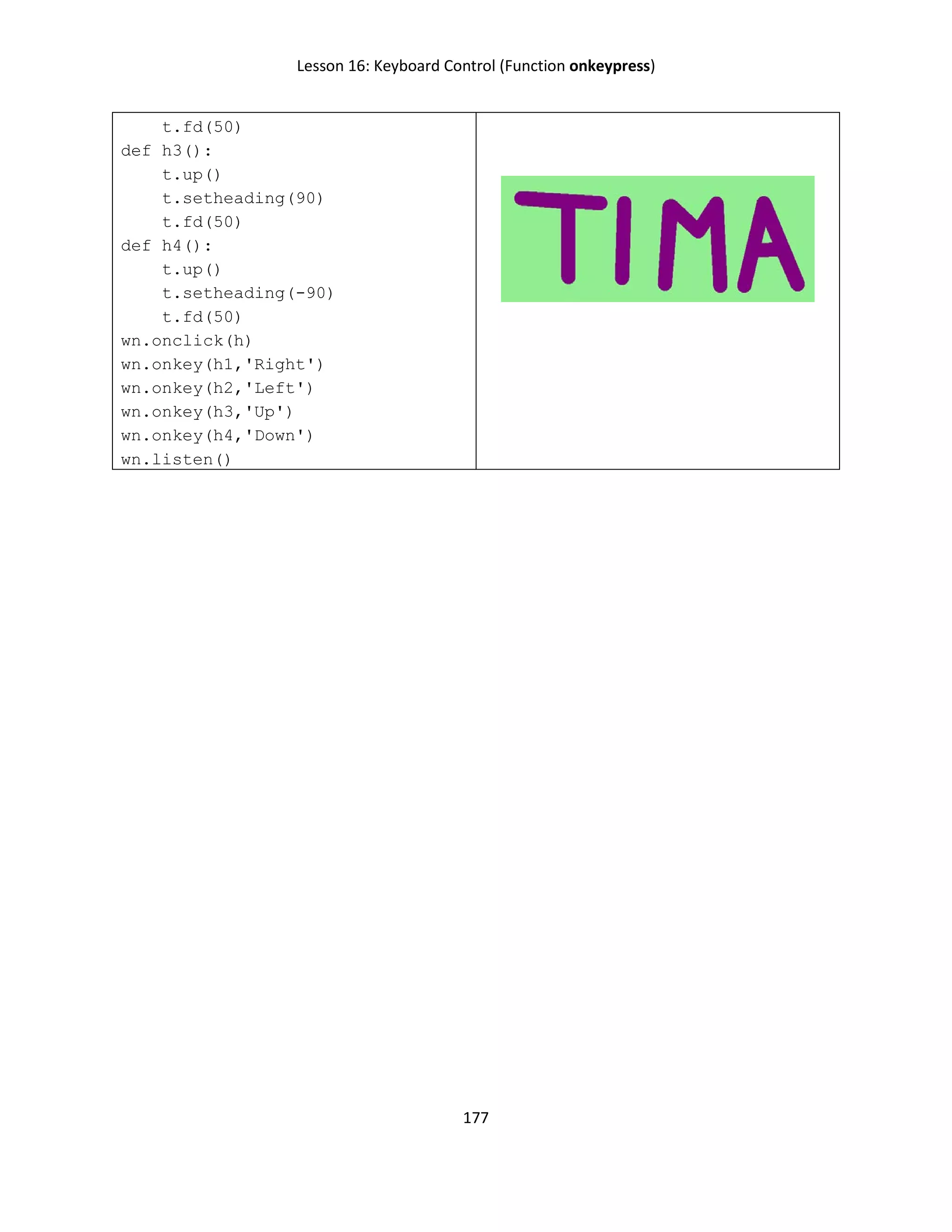 Lesson 16: Keyboard Control (Function onkeypress)
177
t.fd(50)
def h3():
t.up()
t.setheading(90)
t.fd(50)
def h4():
t.up()
t.setheading(-90)
t.fd(50)
wn.onclick(h)
wn.onkey(h1,'Right')
wn.onkey(h2,'Left')
wn.onkey(h3,'Up')
wn.onkey(h4,'Down')
wn.listen()
 