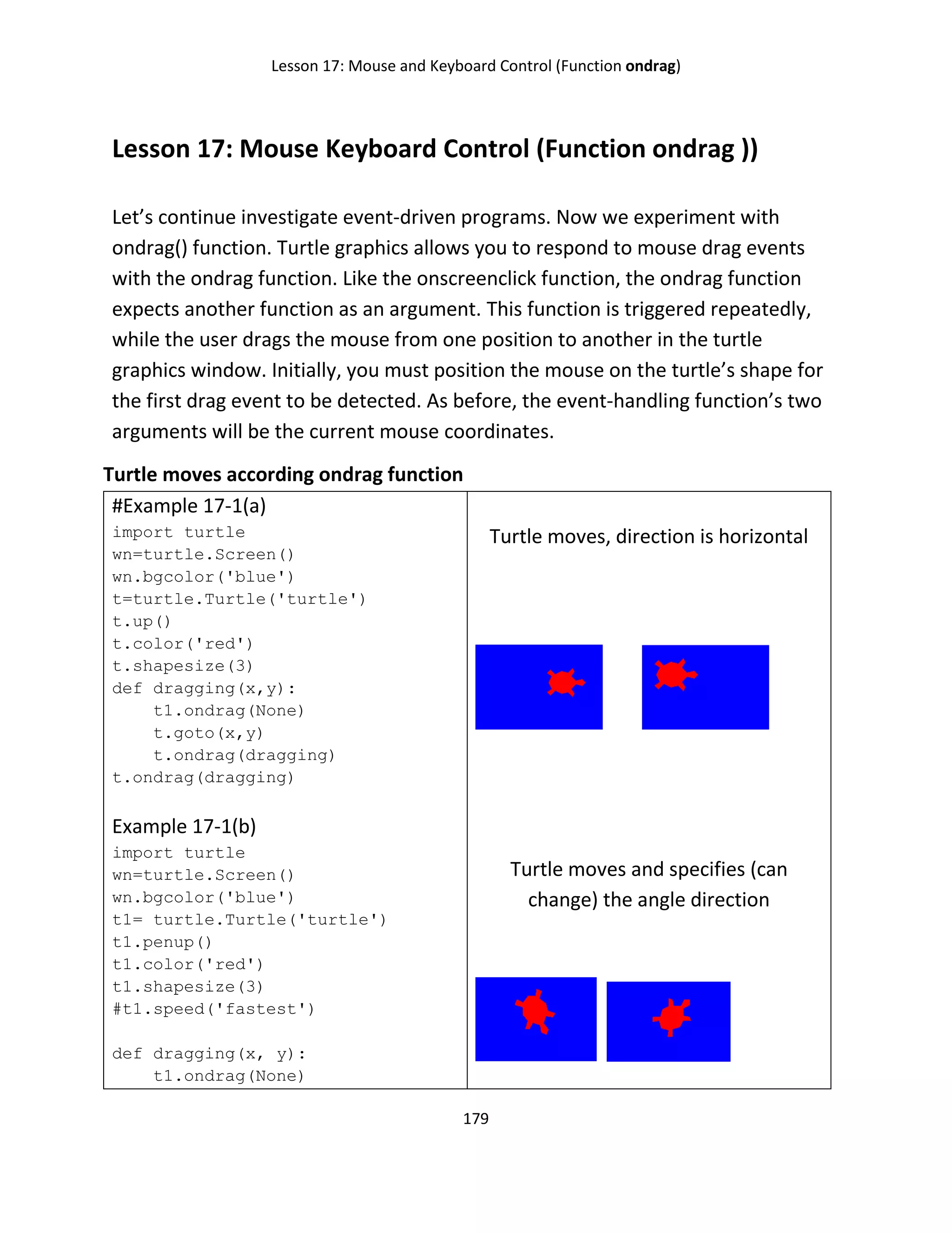 Lesson 17: Mouse and Keyboard Control (Function ondrag)
179
Lesson 17: Mouse Keyboard Control (Function ondrag ))
Let’s continue investigate event-driven programs. Now we experiment with
ondrag() function. Turtle graphics allows you to respond to mouse drag events
with the ondrag function. Like the onscreenclick function, the ondrag function
expects another function as an argument. This function is triggered repeatedly,
while the user drags the mouse from one position to another in the turtle
graphics window. Initially, you must position the mouse on the turtle’s shape for
the first drag event to be detected. As before, the event-handling function’s two
arguments will be the current mouse coordinates.
Turtle moves according ondrag function
#Example 17-1(a)
import turtle
wn=turtle.Screen()
wn.bgcolor('blue')
t=turtle.Turtle('turtle')
t.up()
t.color('red')
t.shapesize(3)
def dragging(x,y):
t1.ondrag(None)
t.goto(x,y)
t.ondrag(dragging)
t.ondrag(dragging)
Example 17-1(b)
import turtle
wn=turtle.Screen()
wn.bgcolor('blue')
t1= turtle.Turtle('turtle')
t1.penup()
t1.color('red')
t1.shapesize(3)
#t1.speed('fastest')
def dragging(x, y):
t1.ondrag(None)
Turtle moves, direction is horizontal
Turtle moves and specifies (can
change) the angle direction
 