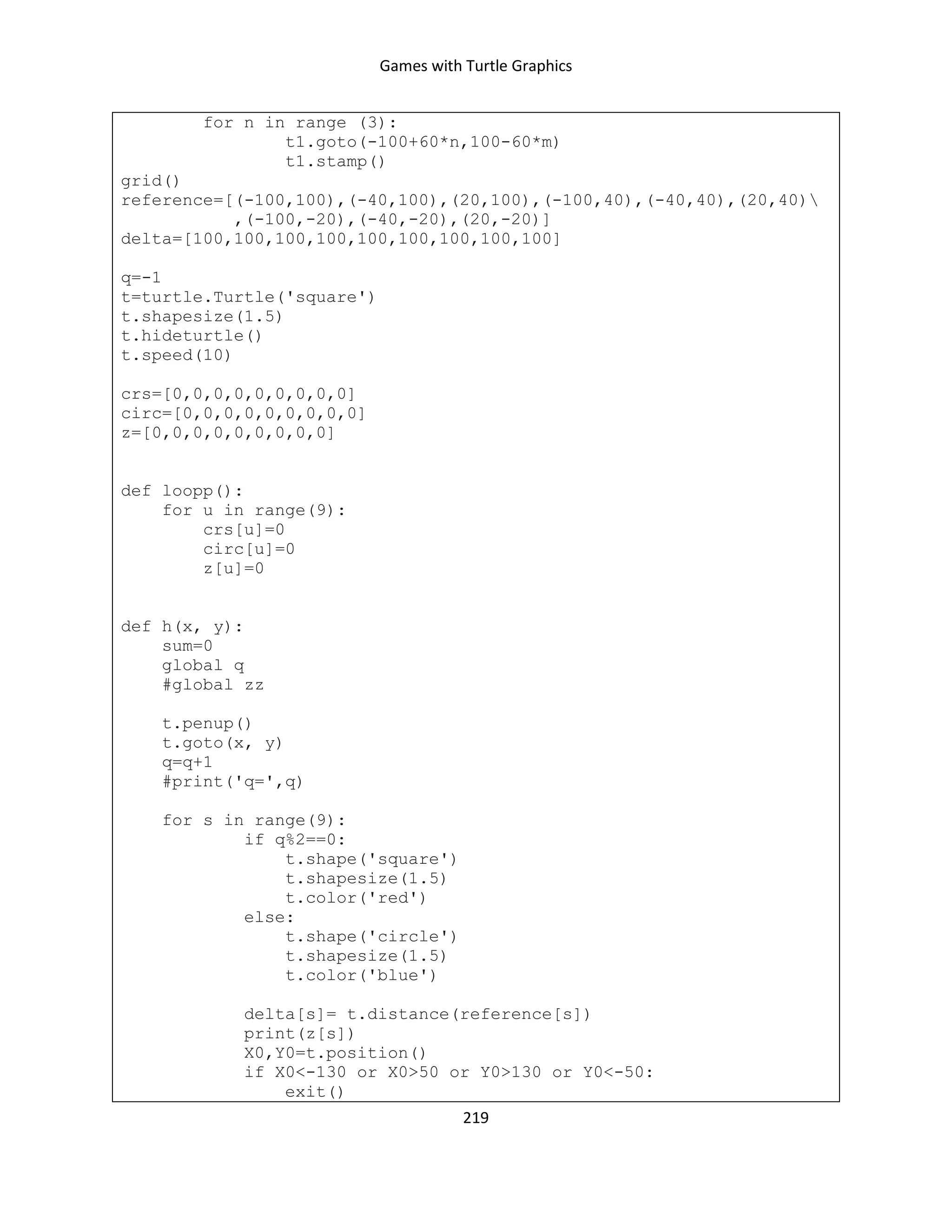 Games with Turtle Graphics
219
for n in range (3):
t1.goto(-100+60*n,100-60*m)
t1.stamp()
grid()
reference=[(-100,100),(-40,100),(20,100),(-100,40),(-40,40),(20,40)
,(-100,-20),(-40,-20),(20,-20)]
delta=[100,100,100,100,100,100,100,100,100]
q=-1
t=turtle.Turtle('square')
t.shapesize(1.5)
t.hideturtle()
t.speed(10)
crs=[0,0,0,0,0,0,0,0,0]
circ=[0,0,0,0,0,0,0,0,0]
z=[0,0,0,0,0,0,0,0,0]
def loopp():
for u in range(9):
crs[u]=0
circ[u]=0
z[u]=0
def h(x, y):
sum=0
global q
#global zz
t.penup()
t.goto(x, y)
q=q+1
#print('q=',q)
for s in range(9):
if q%2==0:
t.shape('square')
t.shapesize(1.5)
t.color('red')
else:
t.shape('circle')
t.shapesize(1.5)
t.color('blue')
delta[s]= t.distance(reference[s])
print(z[s])
X0,Y0=t.position()
if X0<-130 or X0>50 or Y0>130 or Y0<-50:
exit()
 
