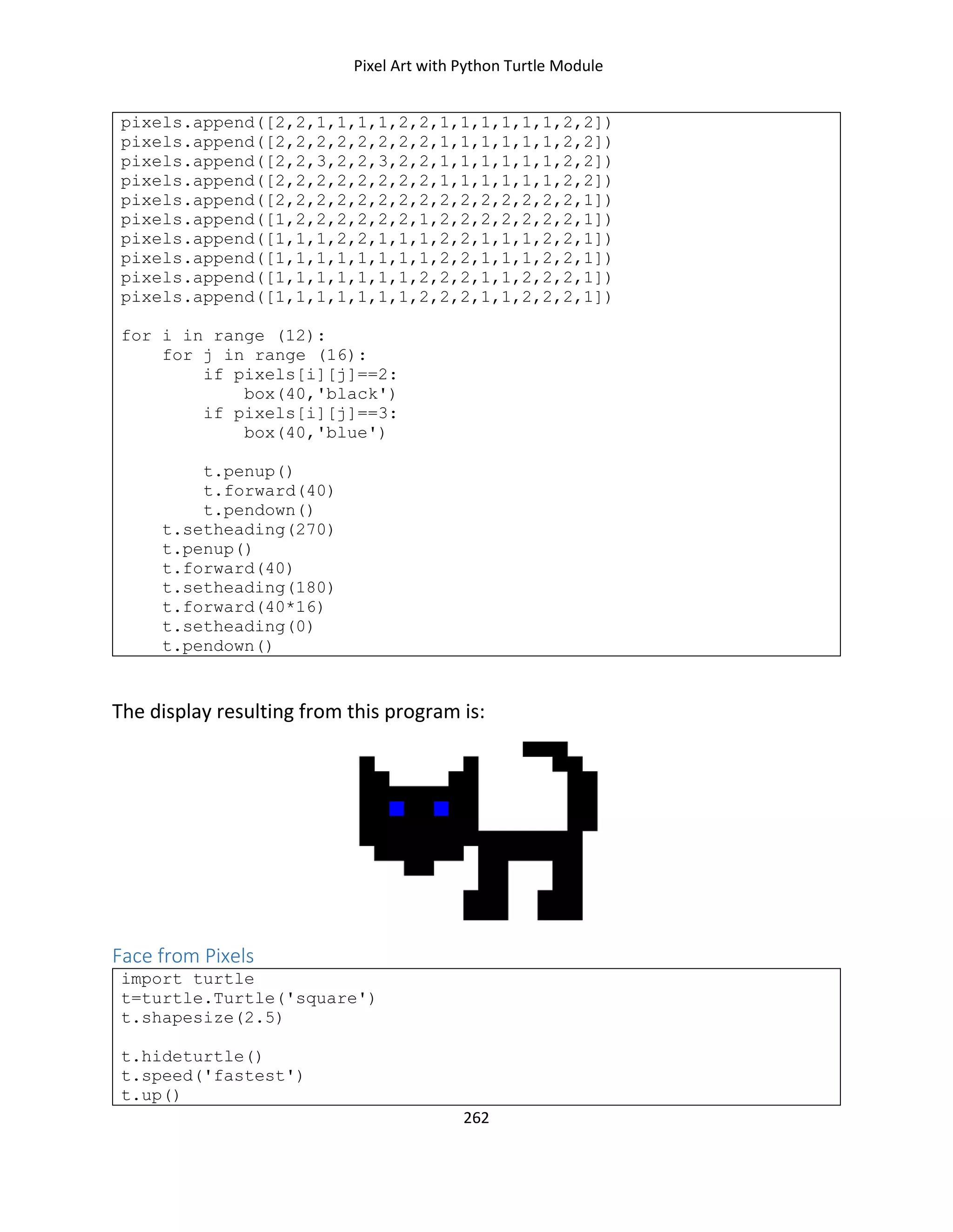 Pixel Art with Python Turtle Module
262
pixels.append([2,2,1,1,1,1,2,2,1,1,1,1,1,1,2,2])
pixels.append([2,2,2,2,2,2,2,2,1,1,1,1,1,1,2,2])
pixels.append([2,2,3,2,2,3,2,2,1,1,1,1,1,1,2,2])
pixels.append([2,2,2,2,2,2,2,2,1,1,1,1,1,1,2,2])
pixels.append([2,2,2,2,2,2,2,2,2,2,2,2,2,2,2,1])
pixels.append([1,2,2,2,2,2,2,1,2,2,2,2,2,2,2,1])
pixels.append([1,1,1,2,2,1,1,1,2,2,1,1,1,2,2,1])
pixels.append([1,1,1,1,1,1,1,1,2,2,1,1,1,2,2,1])
pixels.append([1,1,1,1,1,1,1,2,2,2,1,1,2,2,2,1])
pixels.append([1,1,1,1,1,1,1,2,2,2,1,1,2,2,2,1])
for i in range (12):
for j in range (16):
if pixels[i][j]==2:
box(40,'black')
if pixels[i][j]==3:
box(40,'blue')
t.penup()
t.forward(40)
t.pendown()
t.setheading(270)
t.penup()
t.forward(40)
t.setheading(180)
t.forward(40*16)
t.setheading(0)
t.pendown()
The display resulting from this program is:
Face from Pixels
import turtle
t=turtle.Turtle('square')
t.shapesize(2.5)
t.hideturtle()
t.speed('fastest')
t.up()
 