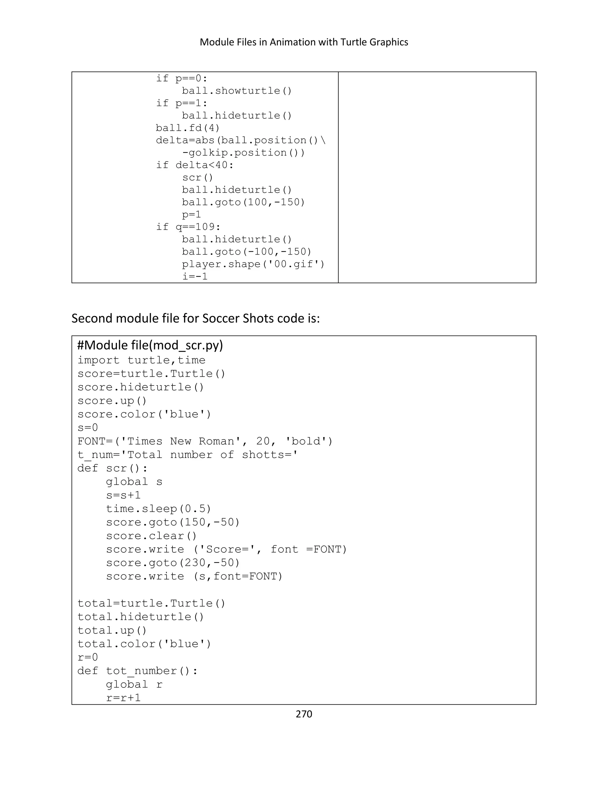 Module Files in Animation with Turtle Graphics
270
if p==0:
ball.showturtle()
if p==1:
ball.hideturtle()
ball.fd(4)
delta=abs(ball.position()
-golkip.position())
if delta<40:
scr()
ball.hideturtle()
ball.goto(100,-150)
p=1
if q==109:
ball.hideturtle()
ball.goto(-100,-150)
player.shape('00.gif')
i=-1
Second module file for Soccer Shots code is:
#Module file(mod_scr.py)
import turtle,time
score=turtle.Turtle()
score.hideturtle()
score.up()
score.color('blue')
s=0
FONT=('Times New Roman', 20, 'bold')
t_num='Total number of shotts='
def scr():
global s
s=s+1
time.sleep(0.5)
score.goto(150,-50)
score.clear()
score.write ('Score=', font =FONT)
score.goto(230,-50)
score.write (s,font=FONT)
total=turtle.Turtle()
total.hideturtle()
total.up()
total.color('blue')
r=0
def tot_number():
global r
r=r+1
 