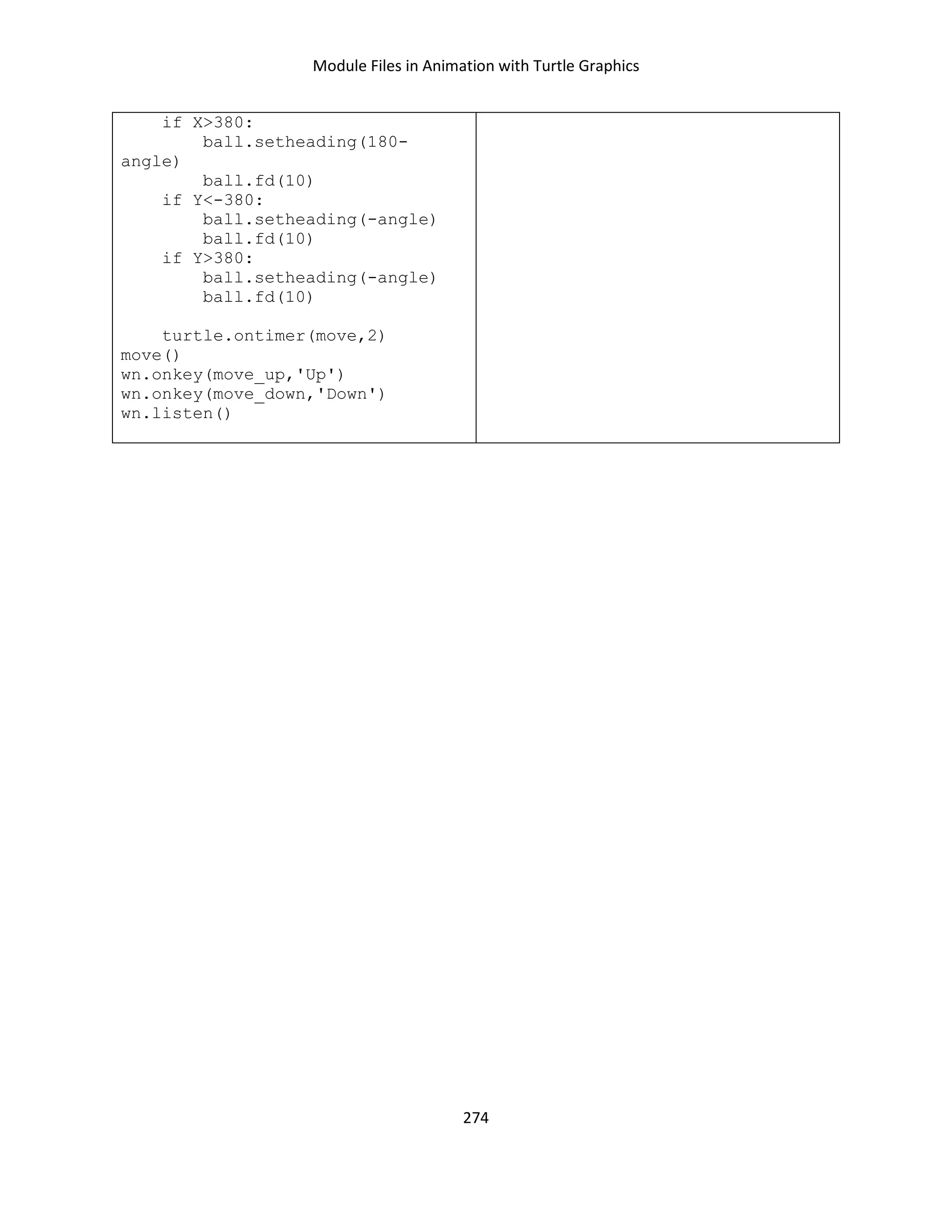 Module Files in Animation with Turtle Graphics
274
if X>380:
ball.setheading(180-
angle)
ball.fd(10)
if Y<-380:
ball.setheading(-angle)
ball.fd(10)
if Y>380:
ball.setheading(-angle)
ball.fd(10)
turtle.ontimer(move,2)
move()
wn.onkey(move_up,'Up')
wn.onkey(move_down,'Down')
wn.listen()
 