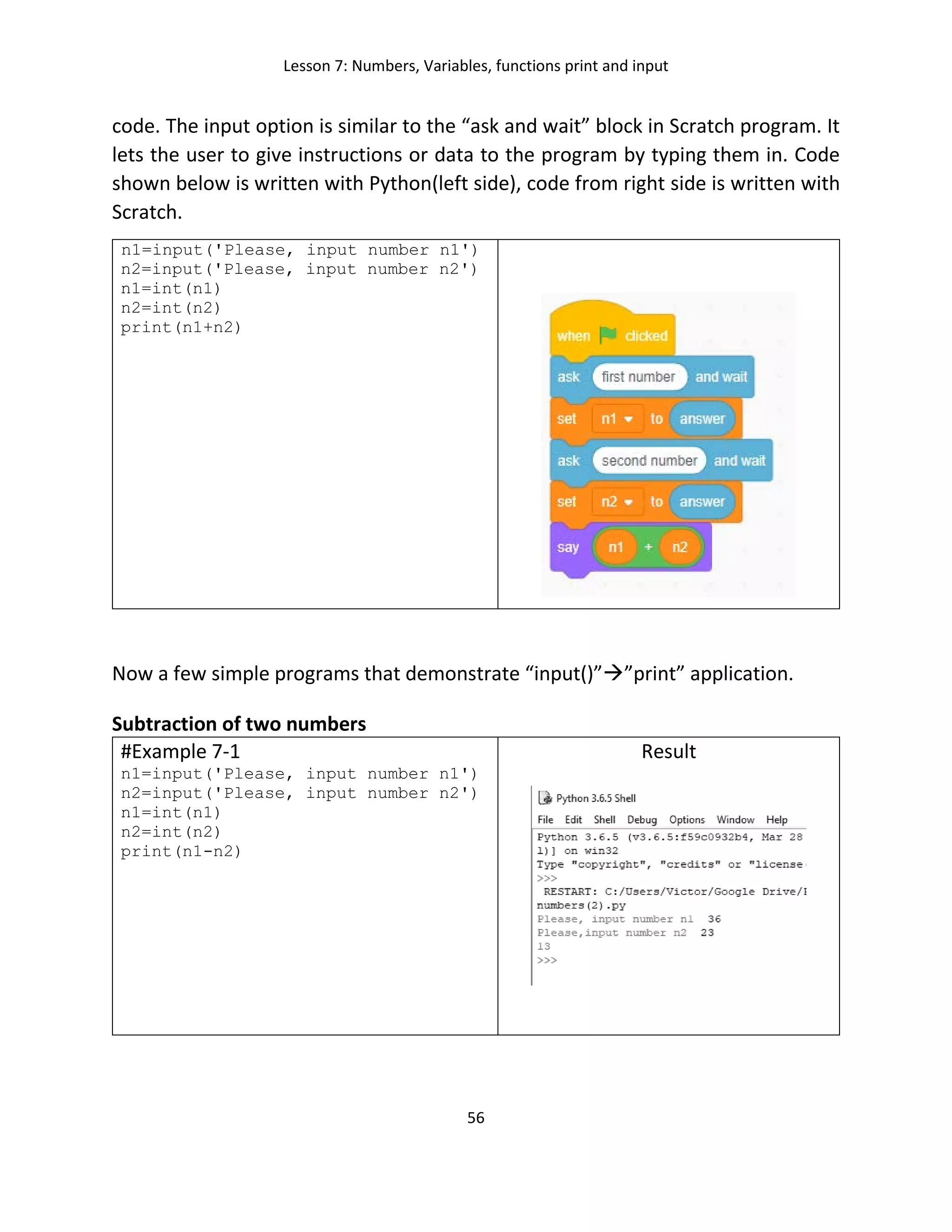Lesson 7: Numbers, Variables, functions print and input
56
code. The input option is similar to the “ask and wait” block in Scratch program. It
lets the user to give instructions or data to the program by typing them in. Code
shown below is written with Python(left side), code from right side is written with
Scratch.
n1=input('Please, input number n1')
n2=input('Please, input number n2')
n1=int(n1)
n2=int(n2)
print(n1+n2)
Now a few simple programs that demonstrate “input()””print” application.
Subtraction of two numbers
#Example 7-1
n1=input('Please, input number n1')
n2=input('Please, input number n2')
n1=int(n1)
n2=int(n2)
print(n1-n2)
Result
 