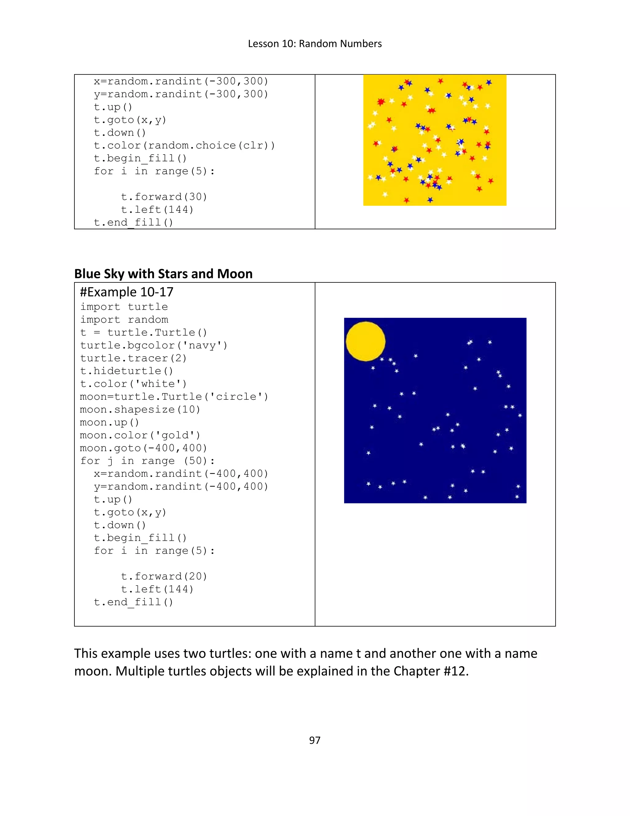 Lesson 10: Random Numbers
97
x=random.randint(-300,300)
y=random.randint(-300,300)
t.up()
t.goto(x,y)
t.down()
t.color(random.choice(clr))
t.begin_fill()
for i in range(5):
t.forward(30)
t.left(144)
t.end_fill()
Blue Sky with Stars and Moon
#Example 10-17
import turtle
import random
t = turtle.Turtle()
turtle.bgcolor('navy')
turtle.tracer(2)
t.hideturtle()
t.color('white')
moon=turtle.Turtle('circle')
moon.shapesize(10)
moon.up()
moon.color('gold')
moon.goto(-400,400)
for j in range (50):
x=random.randint(-400,400)
y=random.randint(-400,400)
t.up()
t.goto(x,y)
t.down()
t.begin_fill()
for i in range(5):
t.forward(20)
t.left(144)
t.end_fill()
This example uses two turtles: one with a name t and another one with a name
moon. Multiple turtles objects will be explained in the Chapter #12.
 