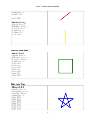 Lesson 2: Main Colour Commands
14
t.pensize(10)
t.left(38)
t.fd(200)
#Example 2-1(c)
import turtle
t=turtle.Turtle()
t.color('gold')
t.pensize(10)
t.left(90)
t.fd(200)
Square, color lines
#Example 2-2
import turtle
t=turtle.Turtle()
t.color('green')
t.pensize(10)
t.fd(200)
t.rt(90)
t.fd(200)
t.rt(90)
t.fd(200)
t.rt(90)
t.fd(200)
Star, color lines
#Example 2-3
import turtle
t=turtle.Turtle()
t.color('blue')
t.pensize(10)
t.fd(200)
t.rt(144)
t.fd(200)
t.rt(144)
t.fd(200)
t.rt(144)
t.fd(200)
 