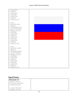 Lesson 2: Main Colour Commands
17
t.left(90)
t.fd(80)
t.left(90)
t.fd(300)
t.left(90)
t.fd(80)
t.end_fill()
t.up()
t.goto(0,-80)
t.down()
t.setheading(0)
t.color('blue')
t.begin_fill()
t.fd(300)
t.left(90)
t.fd(80)
t.left(90)
t.fd(300)
t.left(90)
t.fd(80)
t.end_fill()
t.up()
t.goto(0,-160)
t.down()
t.setheading(0)
t.color('red')
t.begin_fill()
t.fd(300)
t.left(90)
t.fd(80)
t.left(90)
t.fd(300)
t.left(90)
t.fd(80)
t.end_fill()
Flag of France
#Example 2-9
import turtle
t=turtle.Turtle()
t.hideturtle()
t.color('blue')
t.begin_fill()
 