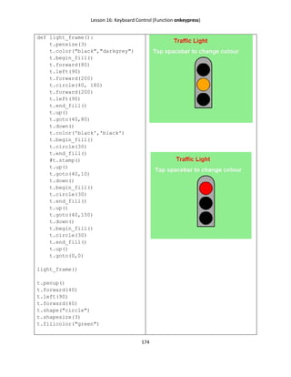 Lesson 16: Keyboard Control (Function onkeypress)
174
def light_frame():
t.pensize(3)
t.color("black","darkgrey")
t.begin_fill()
t.forward(80)
t.left(90)
t.forward(200)
t.circle(40, 180)
t.forward(200)
t.left(90)
t.end_fill()
t.up()
t.goto(40,80)
t.down()
t.color('black','black')
t.begin_fill()
t.circle(30)
t.end_fill()
#t.stamp()
t.up()
t.goto(40,10)
t.down()
t.begin_fill()
t.circle(30)
t.end_fill()
t.up()
t.goto(40,150)
t.down()
t.begin_fill()
t.circle(30)
t.end_fill()
t.up()
t.goto(0,0)
light_frame()
t.penup()
t.forward(40)
t.left(90)
t.forward(40)
t.shape("circle")
t.shapesize(3)
t.fillcolor("green")
 