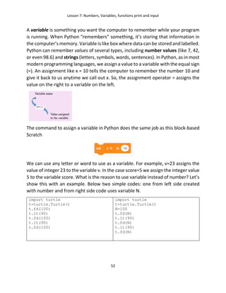 Lesson 7: Numbers, Variables, functions print and input
52
A variable is something you want the computer to remember while your program
is running. When Python “remembers” something, it’s storing that information in
the computer’s memory. Variable is like box where data can be stored and labelled.
Python can remember values of several types, including number values (like 7, 42,
or even 98.6) and strings (letters, symbols, words, sentences). In Python, as in most
modern programming languages, we assign a value to a variable with the equal sign
(=). An assignment like x = 10 tells the computer to remember the number 10 and
give it back to us anytime we call out x. So, the assignment operator = assigns the
value on the right to a variable on the left.
The command to assign a variable in Python does the same job as this block-based
Scratch
We can use any letter or word to use as a variable. For example, v=23 assigns the
value of integer 23 to the variable v. In the case score=5 we assign the integer value
5 to the variable score. What is the reason to use variable instead of number? Let’s
show this with an example. Below two simple codes: one from left side created
with number and from right side code uses variable N.
import turtle
t=turtle.Turtle()
t.fd(100)
t.lt(90)
t.fd(100)
t.lt(90)
t.fd(100)
import turtle
t=turtle.Turtle()
N=100
t.fd(N)
t.lt(90)
t.fd(N)
t.lt(90)
t.fd(N)
 