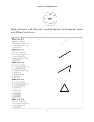 Lesson 1: Motion Commands
9
Below it is shown a few Python code examples that creates simple geometry shapes
with different line thickness.
#Example 1-2
import turtle
t=turtle.Turtle()
t.setheading(30)
t.fd(200)
#Example 1-3
import turtle
t=turtle.Turtle()
t.pensize(30)
t.setheading(30)
t.fd(200)
#Example 1-4
import turtle
t=turtle.Turtle()
t.pensize(30)
t.setheading(30)
t.fd(200)
t.right(134)
t.fd(100)
#Example 1-5
import turtle
t=turtle.Turtle()
t.pensize(10)
t.fd(100)
t.lt(120)
t.fd(100)
t.lt(120)
t.fd(100)
#Example 1-6
import turtle
t=turtle.Turtle()
t.pensize(10)
t.fd(100)
 