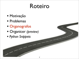 Roteiro
• Motivação
• Problemas
• Organografos
• Organicer (preview)
• Python Snippets



                        3
 