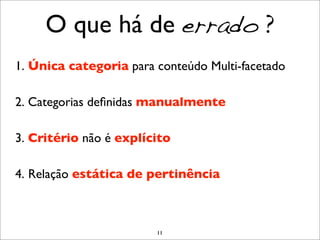 O que há de errado ?
1. Única categoria para conteúdo Multi-facetado

2. Categorias deﬁnidas manualmente

3. Critério não é explícito

4. Relação estática de pertinência



                        11
 