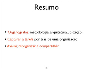 Resumo


• Organografos: metodologia, arquitetura,utilização
• Capturar a tarefa por trás de uma organização
• Avaliar, reorganizar e compartilhar.



                           27
 