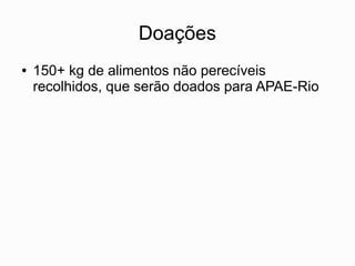 Doações
●   150+ kg de alimentos não perecíveis
    recolhidos, que serão doados para APAE-Rio
 