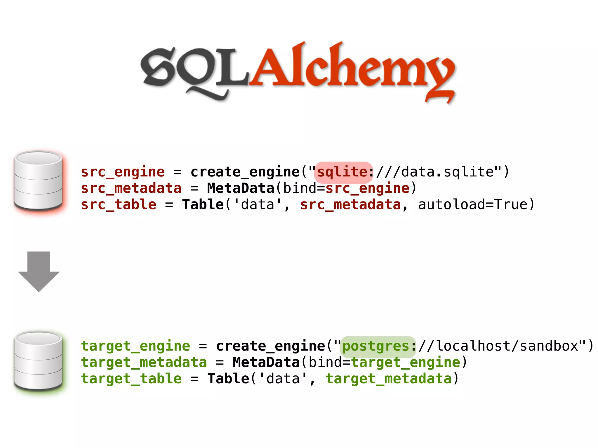 src_engine = create_engine("sqlite:///data.sqlite")
src_metadata = MetaData(bind=src_engine)
src_table = Table('data', src_metadata, autoload=True)




target_engine = create_engine("postgres://localhost/sandbox")
target_metadata = MetaData(bind=target_engine)
target_table = Table('data', target_metadata)
 