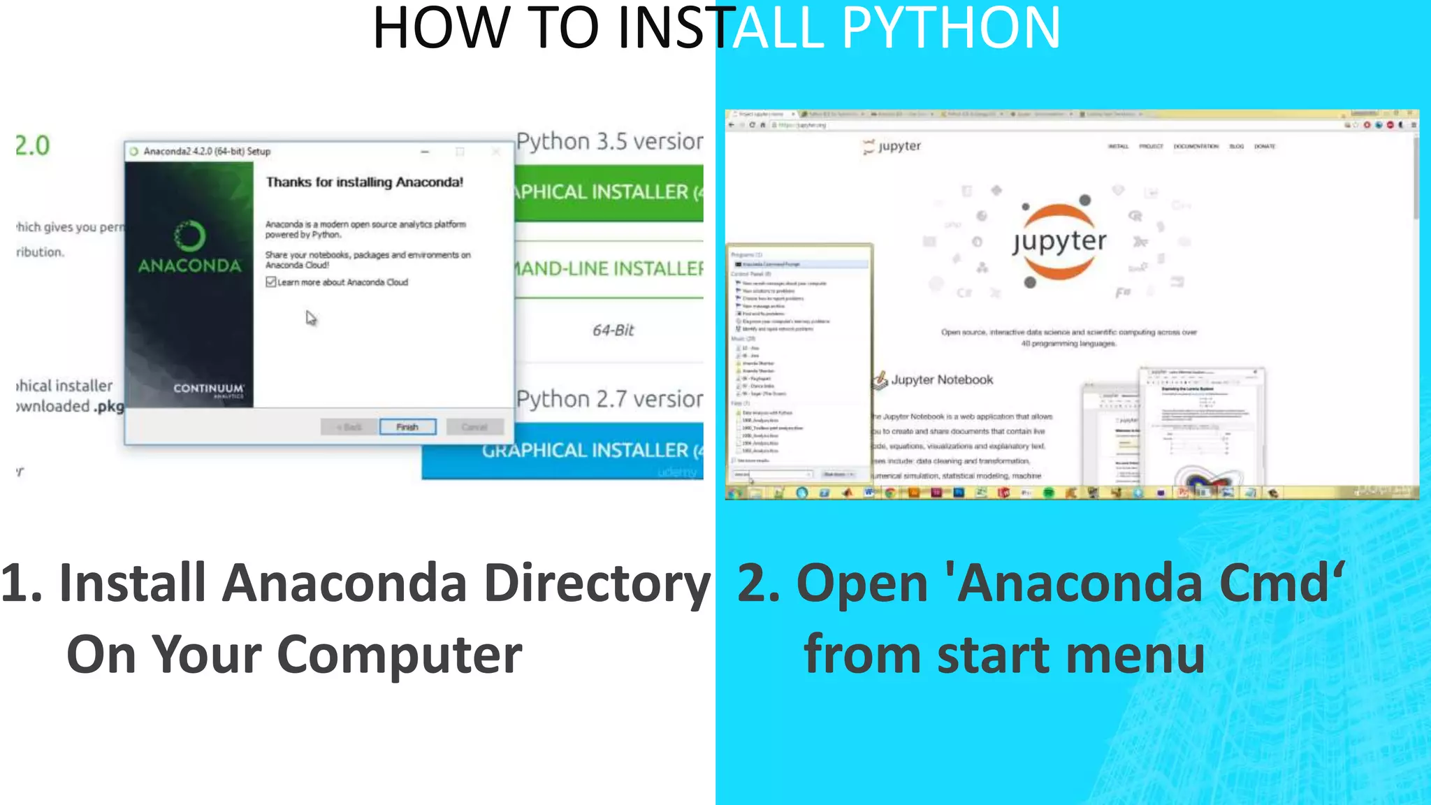 HOW TO INSTALL PYTHON
1. Install Anaconda Directory
On Your Computer
2. Open 'Anaconda Cmd‘
from start menu
 