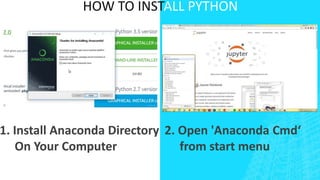 HOW TO INSTALL PYTHON
1. Install Anaconda Directory
On Your Computer
2. Open 'Anaconda Cmd‘
from start menu
 