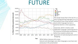 FUTURE
This Graph shows that In the last 10 years
only 2 programming languages (Javascript
and python) have shown growth, whilst
every other language has seen a
potential decline in their popularity.
Javascript, which is mainly a web
application language is booming due to
its immense functionality and features,
which has created a whole new
generation of web development and UI
Designing.
While Python, because of its many
features and advantages over other languages as we have seen
previously in this presentation
 